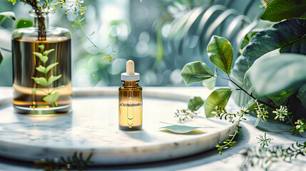 Aromatherapy and Herbal Treatment, Essential Oil Bottles with Green Plants, Spa and Wellness Concept on White Background