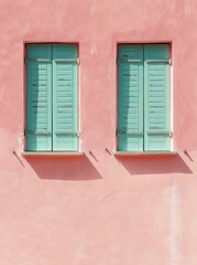 Three windows with bright green shutters stand out against the pink facade of a building