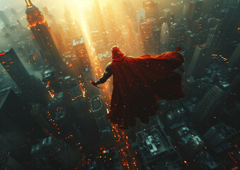 A superhero flying through the city - obrazy, fototapety, plakaty
