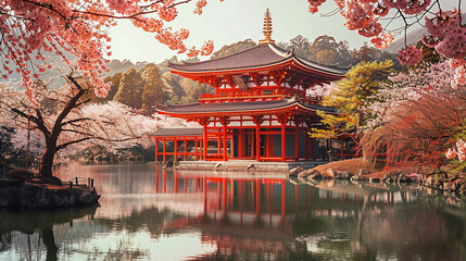 chinese temple in the park,Describe the delicate scent of cherry blossoms in the air.
