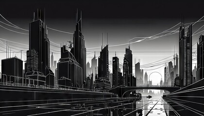 Artistic rendering of a dark city skyline with the early light of sunrise casting a glow over an industrial landscape