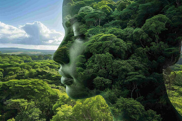 woman's head with forest landscape in the background. High quality photo