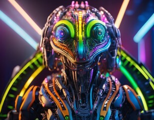 A hyper-detailed robotic head against neon lights, suggesting advanced AI and futuristic concepts. The vivid colors reflect the energy of artificial intelligence.