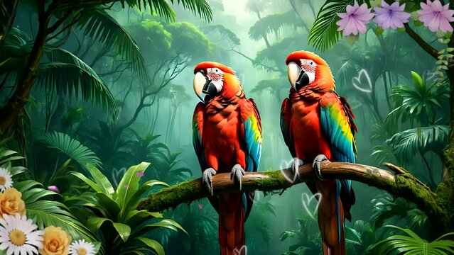 Two red macaw on branch in the forest with flying heart decoration. Seamless looping time-lapse 4k video animation background