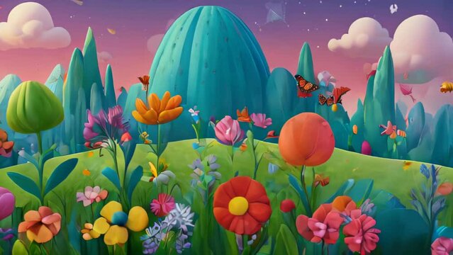 A fantastical garden abloom with a variety of flowers, vivid in color and shape, with butterflies fluttering about, creating a storybook atmosphere.
