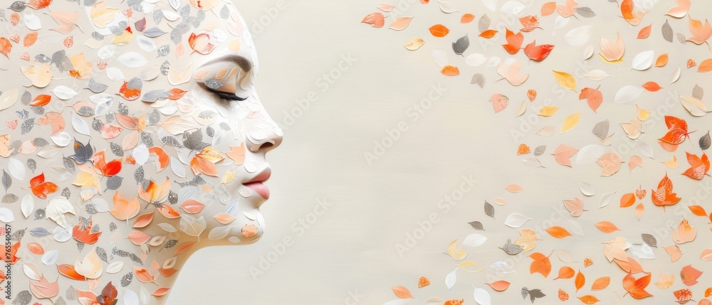 Wall mural a woman's face painted with orange and silver confetti against a white background