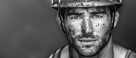  Man in firefighter gear, dirty face in B&W photo - obrazy, fototapety, plakaty