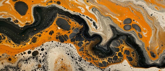  An abstract composition of black, orange, and white hues, featuring a monochromatic vortex at the base