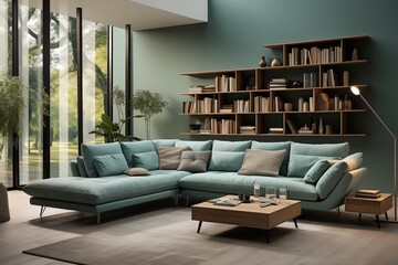 Modern interior design aqua sofa color gray book shelf lite brown floor