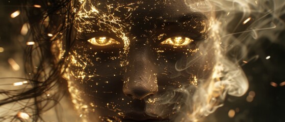  A close-up portrait of a woman's face with billowing smoke rising from her mouth and eyes, emphasizing drama and intensity - obrazy, fototapety, plakaty