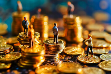 Group of miniature people standing on top of stack of gold coins.