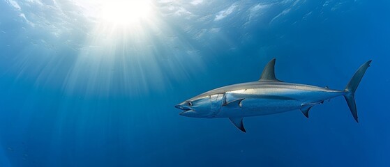  A Great White Shark glides in cerulean depths close to the water's surface under radiant sunlight