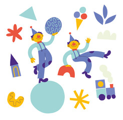 Two clowns playing with shapes