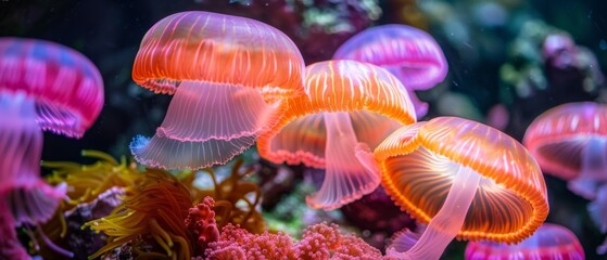  A detailed image of a cluster of jellyfish in an aquarium surrounded by coral and algae