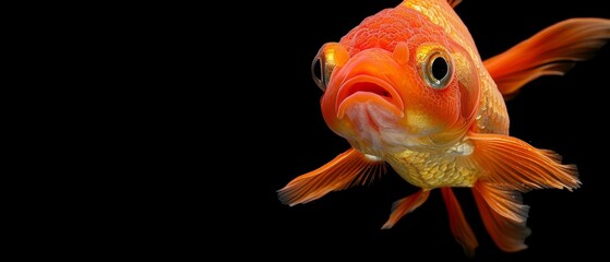 Fototapeta premium A detailed image of a goldfish against a dark backdrop, mirrored in the water below for added visual interest