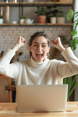 Excited happy caucasian woman feeling winner rejoicing online win got new job opportunity, overjoyed motivated mixed race girl student receive good test results on laptop celebrating admission. High