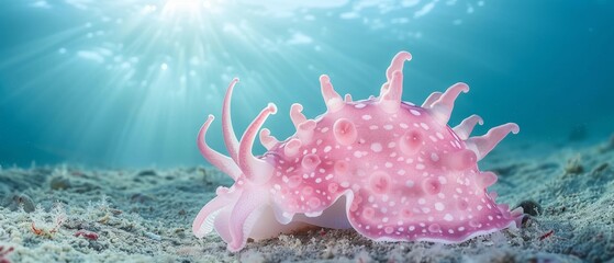  Pink, white sea urchin on sandy ocean floor, sunburst background, close-up