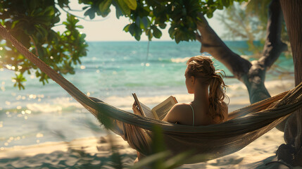 A young woman lying in a hammock, reading a book, with details of the woman's peaceful expression, the book's cover, the trees swaying in the breeze, and the sound of the waves crashing on the shore.