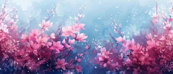  A vibrant image of numerous pink blossoms against a serene blue backdrop, featuring an accidental splash of color at the base