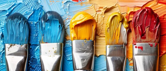  A line of brushes, adjacent to a rainbow wall of colors, vibrant and bright...