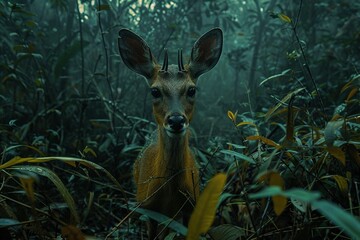 Saola in dense underbrush twilight ambiance lowangle view mysterious shadowy forest setting