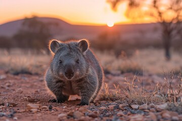 Northern hairynosed wombat in arid landscape sunset lighting ground level
