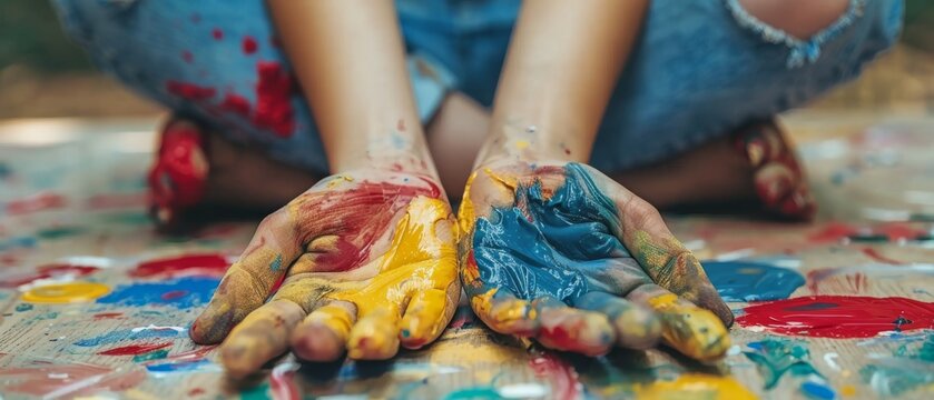  A detailed shot of someone's painted hands, with pigment smudges on their skin and surrounding surface