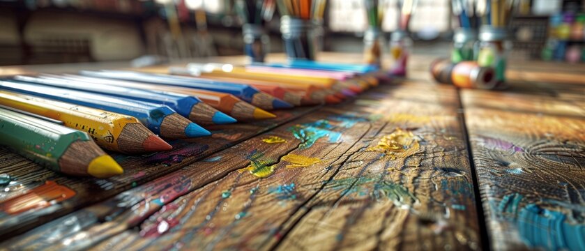  A row of colorful pencils rests on a wooden table, near a stack of other pencils