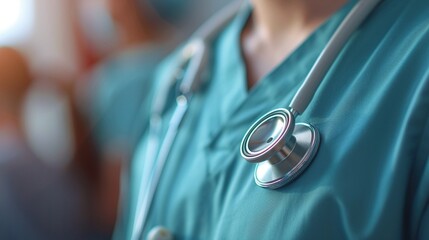 Detail of stethoscope use by doctor on patient, hospital backdrop blur, soft warm light, close shot