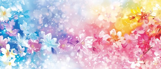  A macro of colorful blossoms on a white-blue backdrop with pink, yellow, red, and blue tones