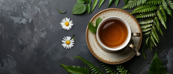  A steaming cup of tea perched atop a saucer, surrounded by an assortment of verdant leaves and daisies