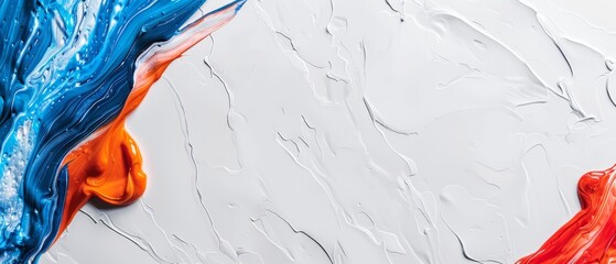  An abstract artwork showcasing blue, orange, and white hues on a white canvas with red and blue stripes