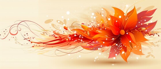  A vivid red and orange flower with intricate swirls and bubbles against a warm beige backdrop, featuring a prominent white and red swirl on the left