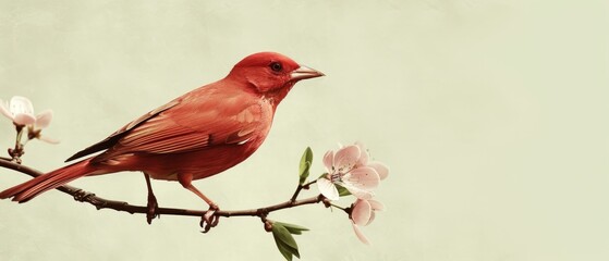  A red bird on a tree branch, surrounded by pink flowers against a light green background
