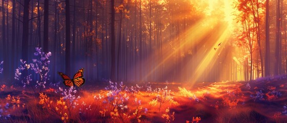  A stunning forest scene at sunset, featuring a prominent butterfly and colorful flowers in the foreground