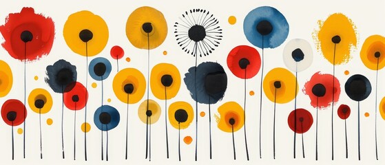  A white canvas with red, yellow, blue, and black flowers surrounding a central sun
