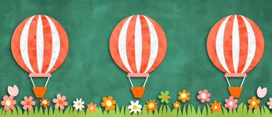  Red & white hot air balloons over green chalkboard field with flowers & daisies