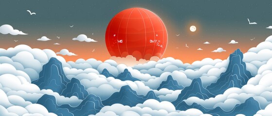  Illustration of red balloon floating above mountain range with white clouds, birds flying