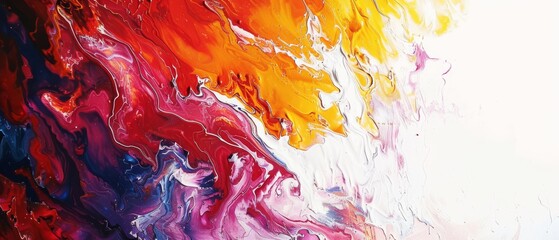  A stunning abstract depicting reds, oranges, yellows, purples against a white canvas with water droplets