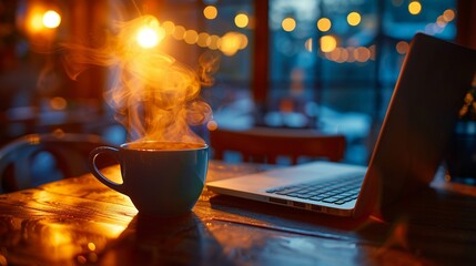 Focus on steaming cup of coffee, wooden table, blurred laptop and coffee shop background, no patrons, warm glow