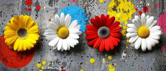  Three bright flowers on a brick wall with blue-red-yellow-white flowers in the background