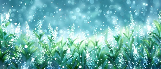  A painting depicting blades of grass and water droplets against a backdrop of blue, with a hazy image of both elements