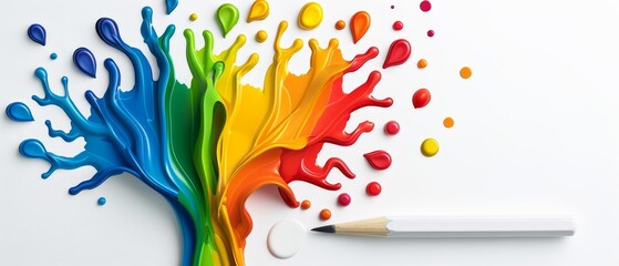  A pencil, paint, and colorful tree appear on a white background