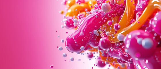 A detailed photo featuring colorful objects against a soft pink backdrop with water bubbles at the base