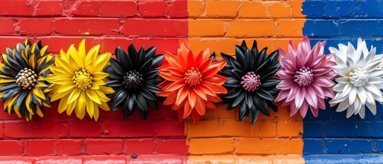 A row of fake flowers sits atop a red-white-blue wall adjacent to a brick wall