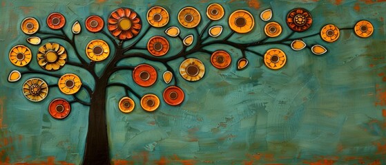  A painting depicting a tree with circles in shades of orange, yellow, and brown on its trunk and leaves