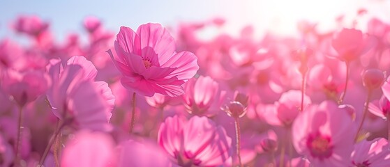  A vibrant field of pink blossoms under a radiant blue sky, illuminated by a golden sunbeam