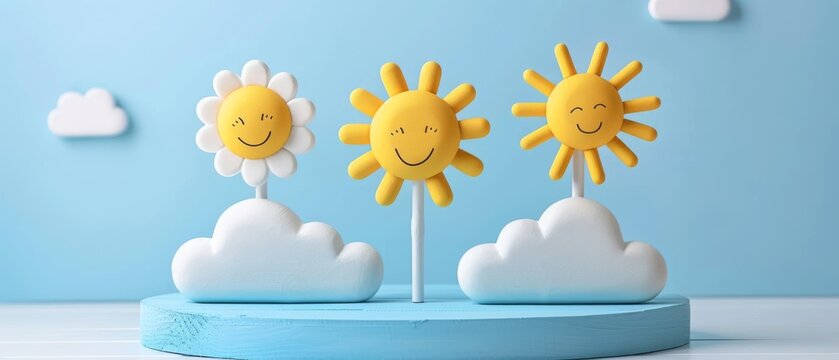  A blue sky, clouds, and a sun are depicted on a blue background with a cloud topper featuring two suns
