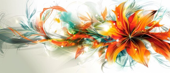  A colorful flower on a white background, with splashes of paint at its base and a smaller version of itself repeated in the lower right corner