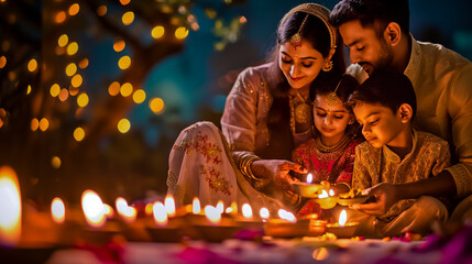 Indian family celebrating Diwali festival together.